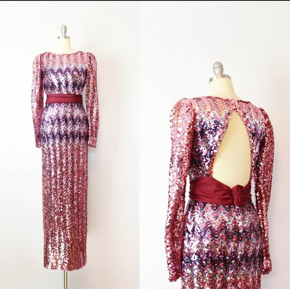 Vintage Dresses & Skirts - EXTREMELY RARE DESIGNER Vintage 1970's zig-zag ombré sequin maxi dress/gown